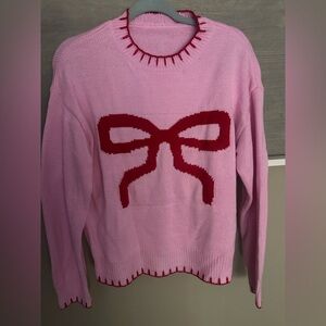 NWOT Classy Boutique Pink Sweater with Red Bow! SZ Small